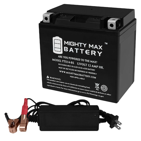 MIGHTY MAX BATTERY YTX14-BS Replaces Kawasaki 300cc KLF300-B Bayou 98 With 12V 2Amp Charger MAX3835502